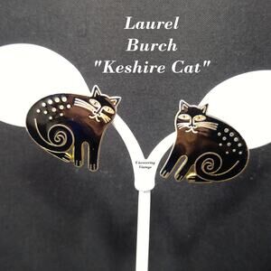 Vintage Laurel Burch "Keshire Cat" Black Post Earrings, Gold Plated